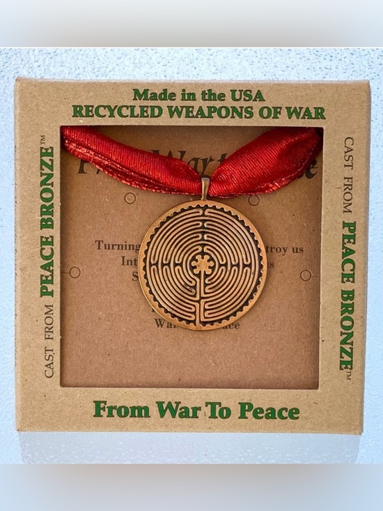 From War To Peace Other - Bronze Labyrinth Ornament / Necklace Pendant with Red Ribbon